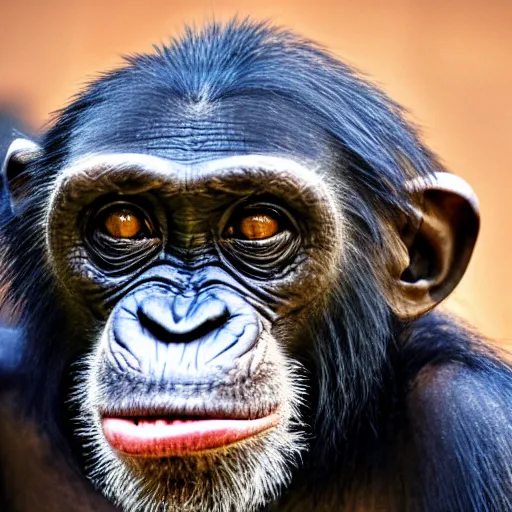 Image similar to chimpanzee looking curiously at a cyborg, hd photograph