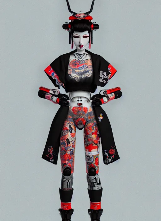 Image similar to full body photo of a punk geisha robot with kanji tattoos and decals wearing a digital pixelated kimono, intricate design, photo - realistic, octane render, ultra fine detailed, character design, trending on artstation