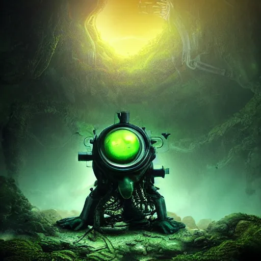 Prompt: gorgeous mechanical steampunk creature with humanlike form and two eyes looking eerily into a cave entrance with lush vegetation and mystical (((glowing algae))) in the sunset, desaturated, creepy ambiance, dangerous, sharp focus, highly detailed, artgerm