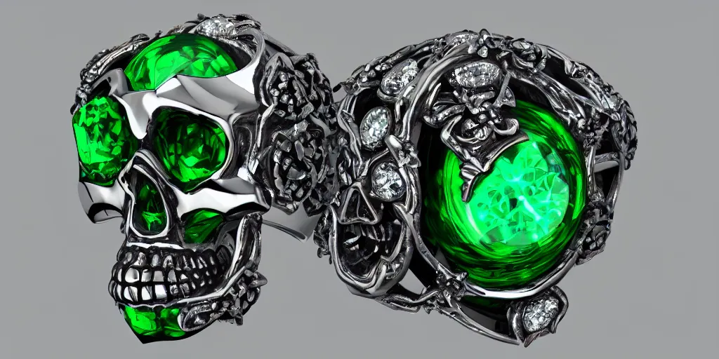 Prompt: stunning magic skull ring with a diamond, poison, green, mist, skull, energy, engraving, d & d, item, graphic, close - up, design, shimmer, artbook, page, detailed, trending on artstation, cgsociety, greg rutkowski and thomas kinkade and moebius