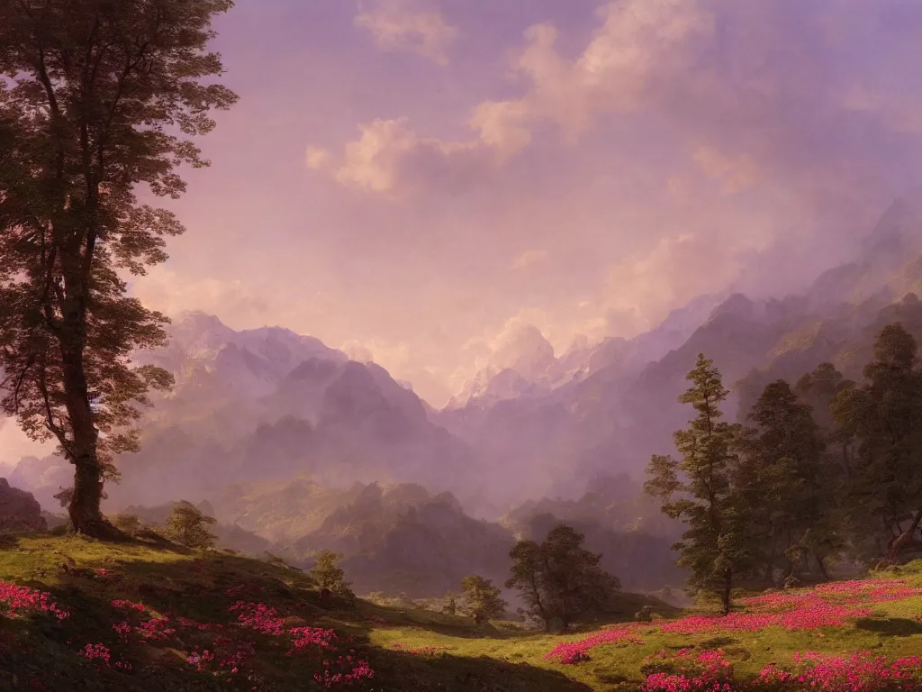 Prompt: epic landscape with rolling hills, groups of old trees with flower meadows in between in early morning light, small pink clouds in the sky and and misty mountains with snowy tops in the far background by alexandre calame and bob ross, godrays, velvia 5 0, large format camera, artstation, vray render