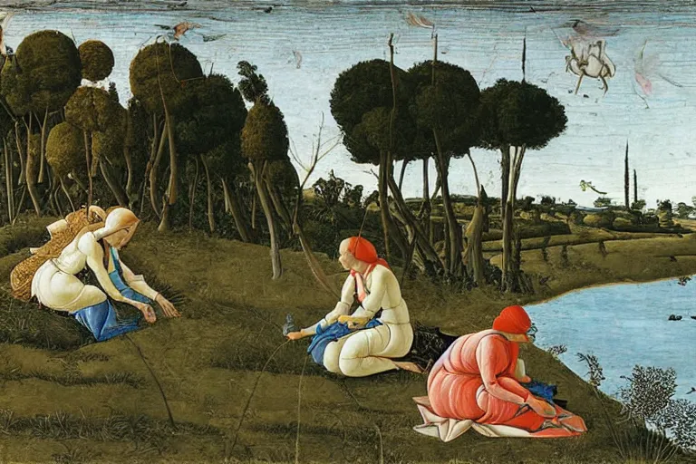 Image similar to two woman net fishing at the river bank on a spring day, sandro botticelli