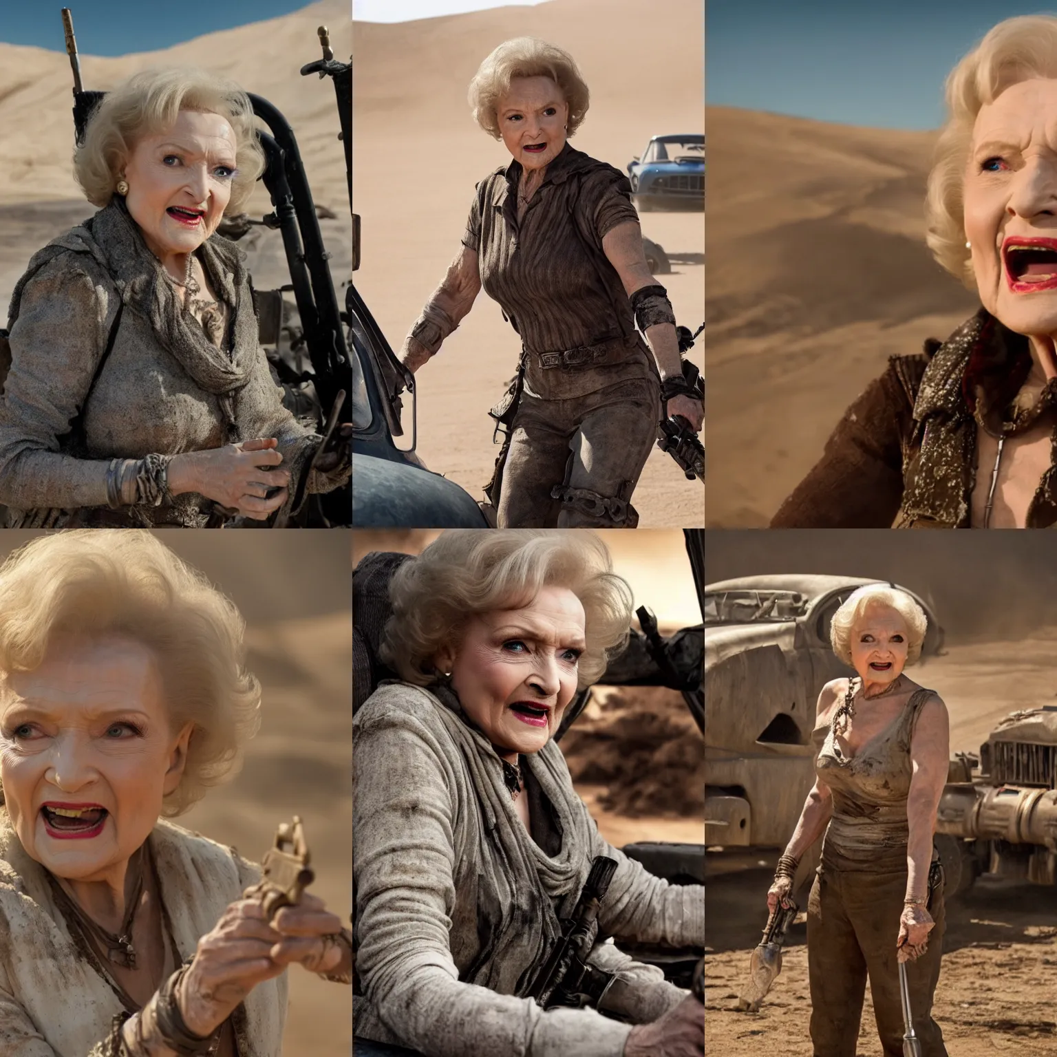 Prompt: movie still of Betty White in Mad Max Fury Road, 4k, high quality, very detailed,