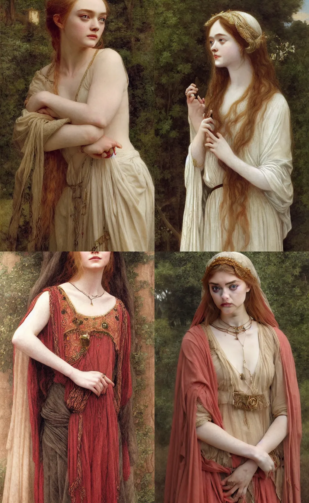 Prompt: fanning sisters elle fanning dakota fanning as a pre - raphaelite priestesses traditional corsican, intricate, highly detailed, artstation, illustration, jurgens, rutkowski, bouguereau