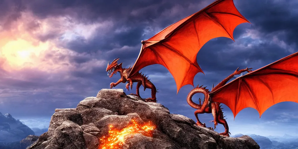 Image similar to A single simple dragon with half open wings breathing fire and standing on the top of a mountain, epic composition, epic lighting, detailed and intricate image, cinematic, 4K