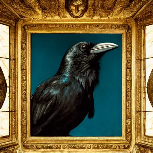 Image similar to a beautifully photoreal clear detailed victorian portrait of a close up raven on a victorian sill with an ornate velvet teal curtain at beautiful sunset daytime nature sunlit painting by frederic leighton and turner and rosetti, 8 k, octane render