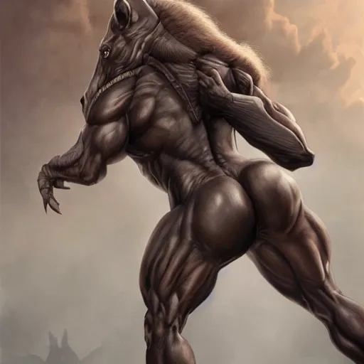 Image similar to a musclebound anthropomorphized horse with a magnificently muscular physique wearing a tight leather battle outfit while protecting a facility, equine, anthro art, furaffinity, highly detailed, digital painting, artstation, sharp focus, game art, concept art, illustration, art by artgerm, greg rutkowski, wlop