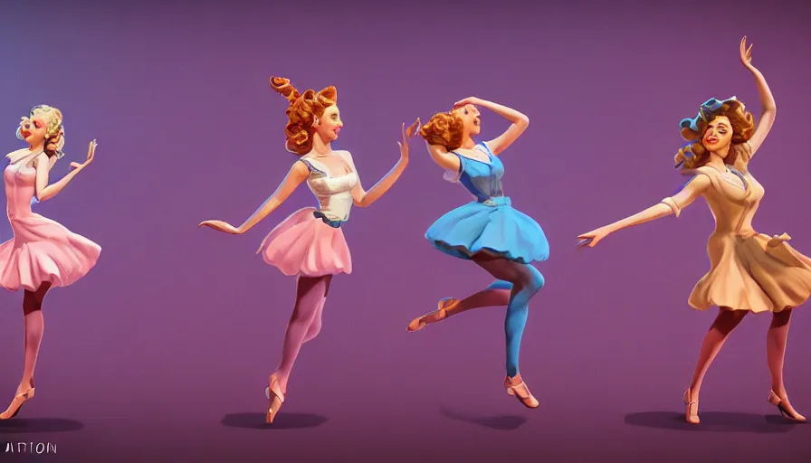Prompt: girls dancing for lovely music, masterpiece, pinup, highly detailed, claymotion by tim burton,, artstation, concept art, smooth, sharp focus, illustration, Unreal Engine 5, 8K