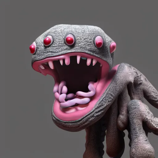 Image similar to a repulsive lonely-looking animal-like creature with rough unusual coloured tentacled skin, a long snout and bulging eyes, ultra realistic 3d render with shadow