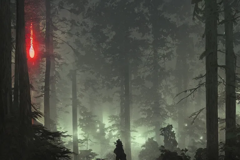 Prompt: huge red giant japanese fishes are flying betweeb the tall trees of a deep Bavarian forest at night. Looking up view, dramatic perspective.misty, mood. art by Greg Rutkowski and Craig Mullins and Alphonse Mucha and Moebius and Roger Deakins