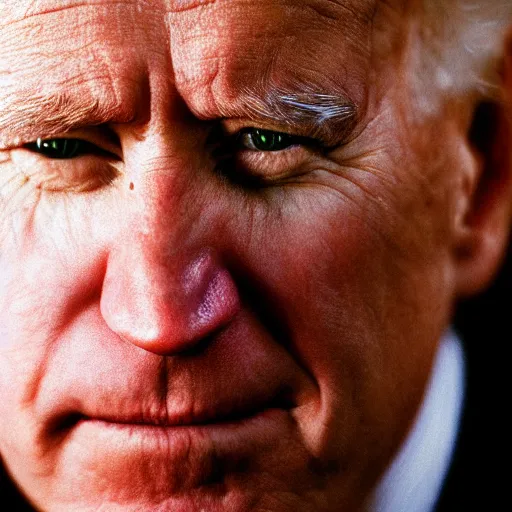 Prompt: Highly detailed close-up photograph of President Joe Biden’s face, slight smirk, single tear rolling down his cheek, photography by Steve McCurry, backlit