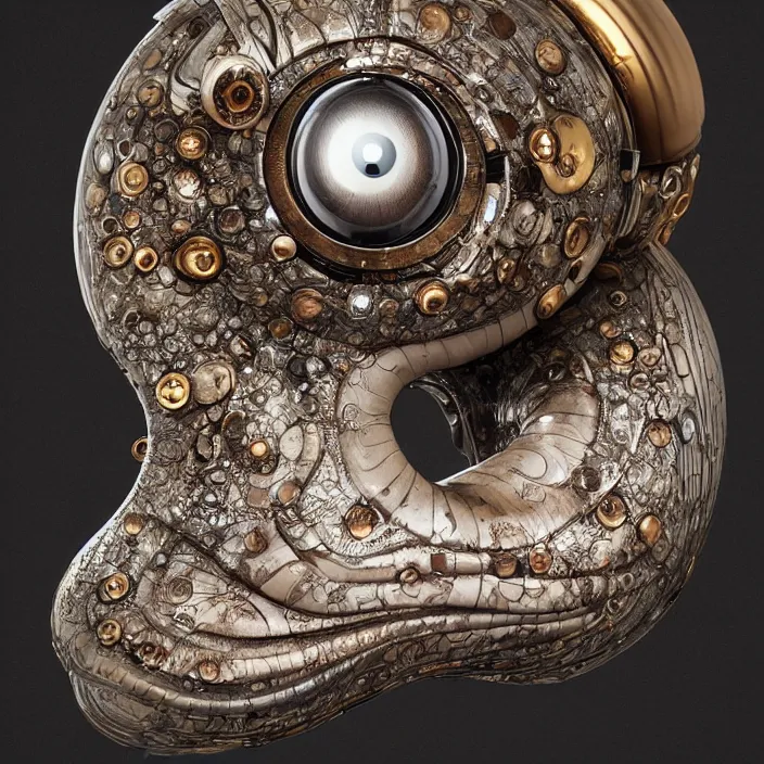 Prompt: anthropomorphic snail with huge cute manga eyes, photorealism, white detail plastic biomechanical with gold, copper, bronze, chrome by h. r. giger, tim burton, lee jeffries, erik johansson, supersampled, 8 k, beautify