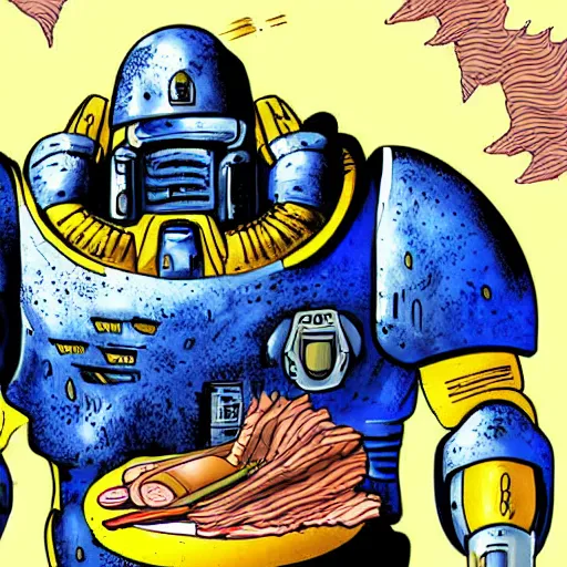 Prompt: digital artwork, cell shading, futuristic space marine in heavy blue armor trying unsuccessfully to eat a large sub sandwich full of meat, cheese, and lettuce