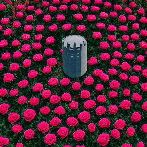 Image similar to photo of a beautiful field of roses with a dark tower in the center. night. photorealism. 4 k. national geographic. high detail