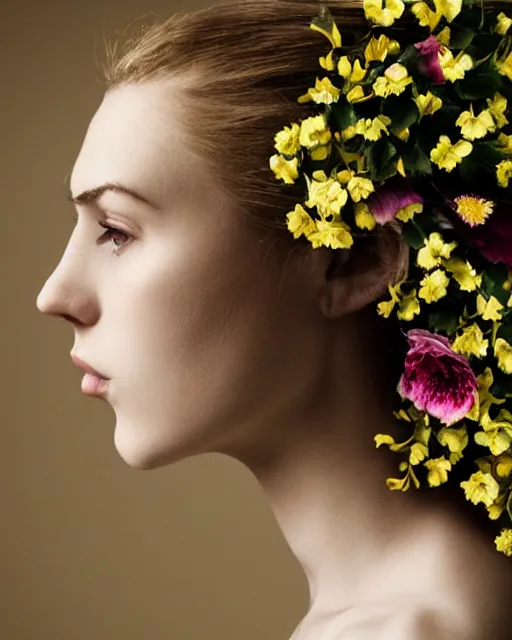Prompt: a woman's face in profile, blonde, made of flowers, in the style of the Dutch masters and Gregory Crewdson, dark and moody