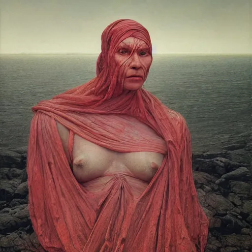 Image similar to face portrait, rocky shore, woman, wrapped around by veins, veiled face, glowing red, by edgar maxence and ross tran, zdzisław beksinski, and michael whelan, distant, gustav dore, h. r. giger, 8 k, octane render