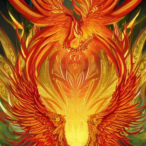 Prompt: red paper + an intricate phoenix depiction + elaborate golden illustration, very detailed, deviantart, 8 k vertical wallpaper, tropical, colorful, airy, anime illustration, anime nature