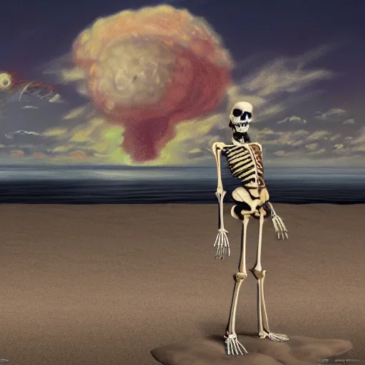 Prompt: highly detailed anatomically accurate skeleton on the beach with nuclear explosion in the background, trending on Artstation