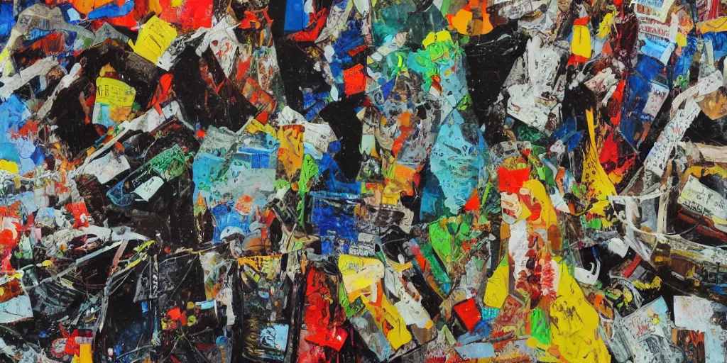 Image similar to mad trash bags, collage, acrylic on canvas, expressionism movement, ultra detailed, breathtaking detailed, by matt sesow