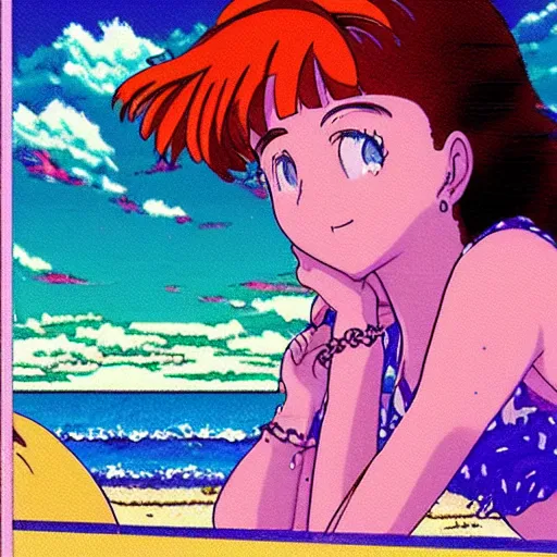 Prompt: girl laying in the sand next to ocean in sunset, sprite, vaporwave nostalgia, directed by beat takeshi, visual novel cg, 8 0 s anime vibe, kimagure orange road, maison ikkoku, initial d, sketch by osamu tezuka, directed by hideki anno