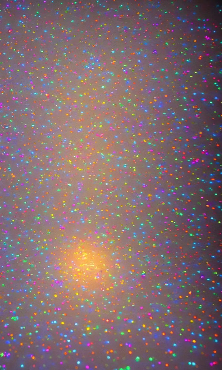 Prompt: a top-down wide view still of a floating transmissive vellum cloth tightly bunched up and pinned together with colorful glowing LED pins into a soft billowy bundle by a few glowing pins from an a24 movie, 8k, translucent cloudy vellum bunched up into large mounds by microscopic suns and wrinkles of cloth pinned from far apart close together with tiny emissive spheres, filtering light through the wrinkled bunched-up layers, 30s long exposure photograph of a large cloth flapping in the wind, tiny glowing spheres puncturing a blurry sheet, starkly lit from the evening sunset crepuscular golden hour rays emerging from the fog, chiaroscuro studio lighting