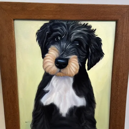 Image similar to a handsome portrait of an aussie doodle pup, oil on canvas, high budget