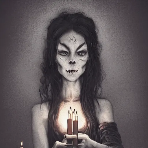 Image similar to A creepy woman with a large cynical smile sits in a dark and gloomy room, the only light is a flickering jittery candle, he writes by the candle in a journal, in a gothic, Halloween, and atmospheric art style, artstation digital art, trending on artstation, artstationHQ, artstationHD.