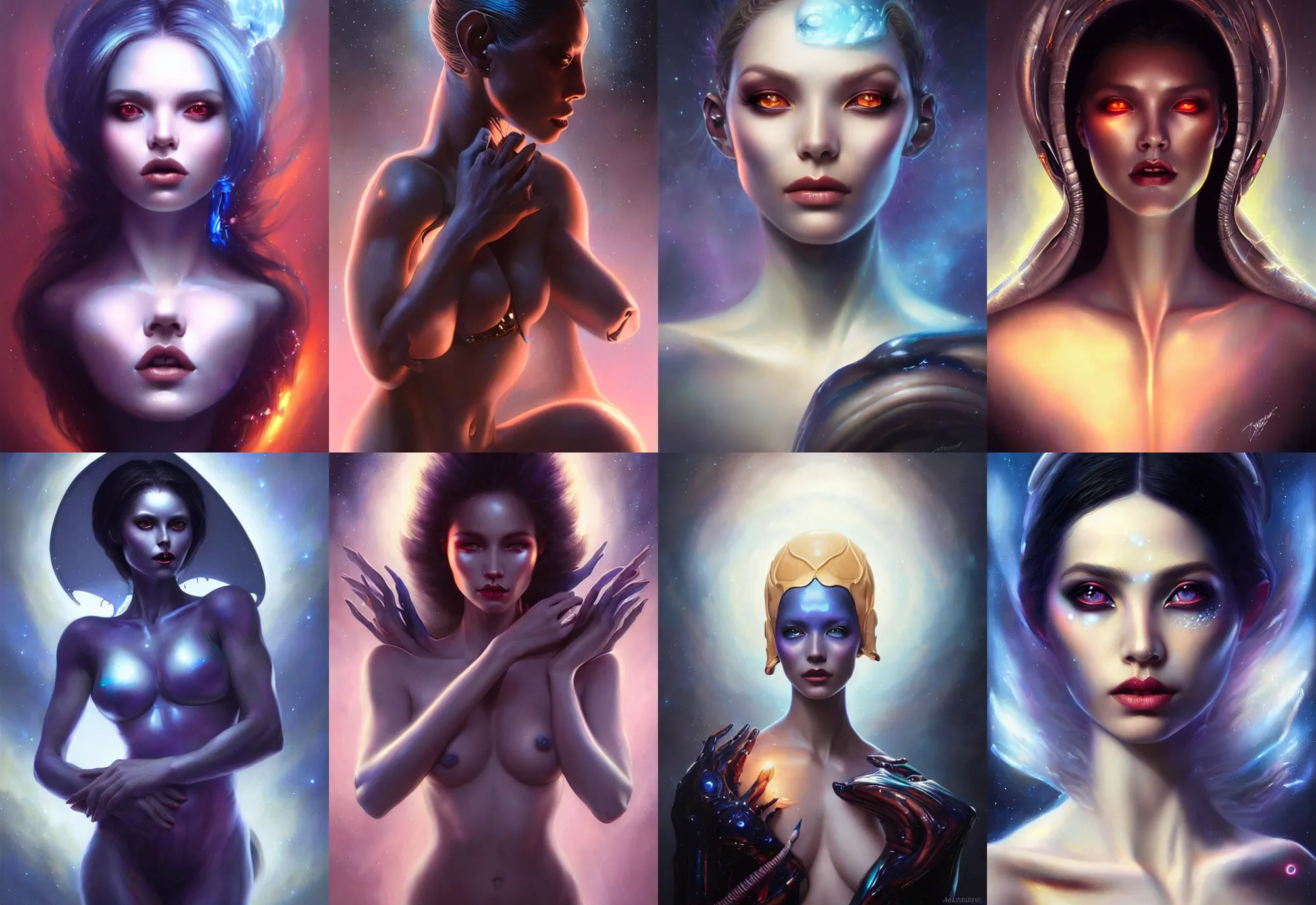 Prompt: a beautiful alien woman with sapphire skin, painted by artgerm and tom bagshaw, fantasy art, dramatic lighting, highly detailed oil painting