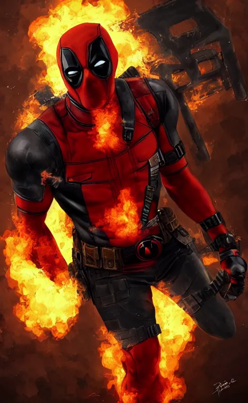 Image similar to deadpool as ghost rider, dynamic lighting, photorealistic fantasy concept art, trending on art station, stunning visuals, terrifying, creative, cinematic