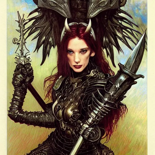 Prompt: head and shoulders portrait of an armored erinyes devil with bat wings, and a sword, d & d, fantasy, luis royo, magali villeneuve, donato giancola, wlop, krenz cushart, hans zatka, klimt, alphonse mucha