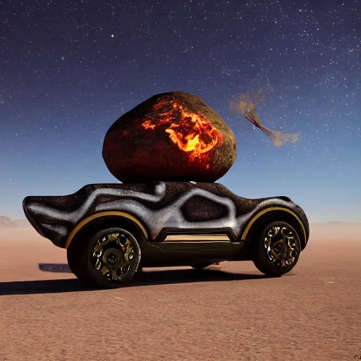 Image similar to an asteroid headed for burning man black rock desert with art cars and fire spinners detailed, 8 k, trending on artstation