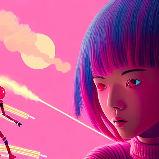 Image similar to a woman named yoshimi battles pink robots, illustrated, detailed, 4 k