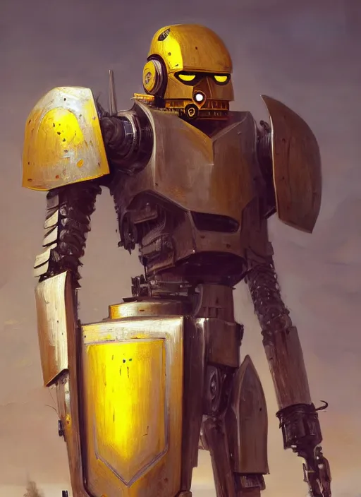 Prompt: human-sized strong intricate yellow pit droid carrying very detailed perfect antique great sword and beautiful large paladin shield, pancake short large head, exposed metal bones, painterly humanoid mecha, slightly far away, by Greg Rutkowski epic glorious trending on Artstation