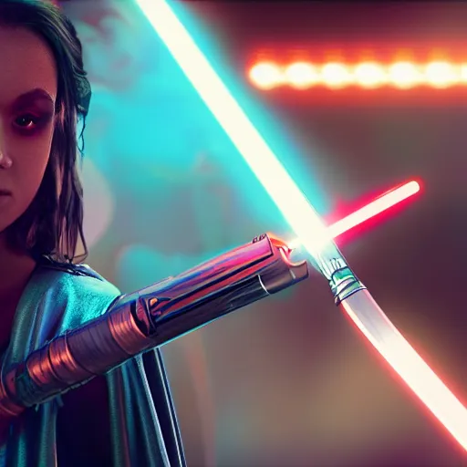 Image similar to Cheyenne the singer as a jedi in star wars, holding a lightsabre. splash art, cinematic lighting, dramatic, octane render, long lens, shallow depth of field, bokeh, anamorphic lens flare, 8k, hyper detailed, 35mm film grain