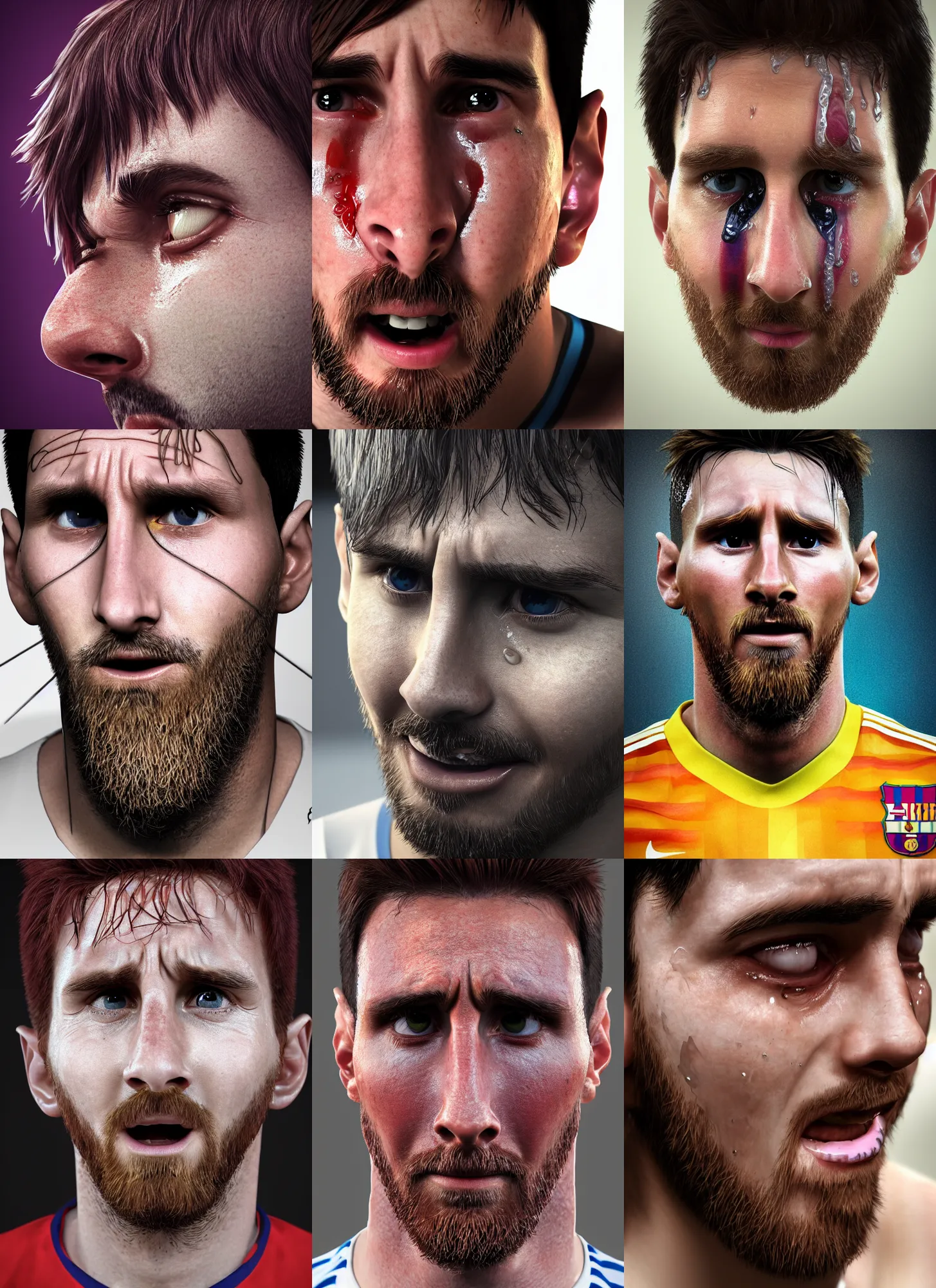 Prompt: portrait of ((cute)) crying Messi, photorealistic, 35mm, tears drip from the eyes, close-up, Octane render, trending on Artstation, 4k, 8k, perfect face, highly detailed, digital art