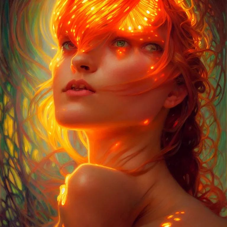 Image similar to bright asthetic portrait LSD glowing backlit, fantasy, intricate, elegant, dramatic lighting, highly detailed, lifelike, photorealistic, digital painting, artstation, illustration, concept art, smooth, sharp focus, art by John Collier and Albert Aublet and Krenz Cushart and Artem Demura and Alphonse Mucha