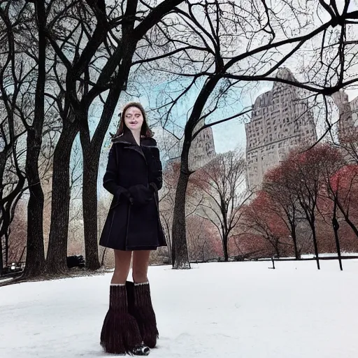 Image similar to anya taylor joy in central park at winter, ultra detailed, ultra realistic, photorealistic dynamic light, fan photo