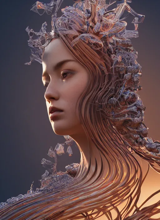 Image similar to beauteous sumptuous biomechanical incredible hair, crystalline masterpiece incrustations, hyperdetailed face, elegant pose, movie still, intricate, octane render, cinematic forest lighting, cgsociety, unreal engine, crepuscular rays, god rays