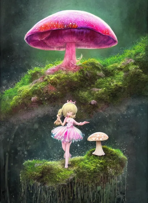 Prompt: A pixy princess with a tattered pink tutu, mushroom umbrella, moss, dewdrops, watercolor, dramatic lighting, cinematic, establishing shot, extremely high detail, foto realistic, cinematic lighting, pen and ink, intricate line drawings, by Yoshitaka Amano, Ruan Jia, Kentaro Miura, Artgerm, post processed, concept art, artstation, matte painting, style by eddie mendoza, raphael lacoste, alex ross,