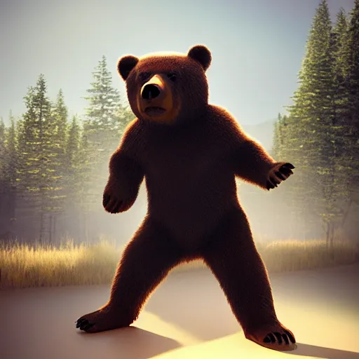 Image similar to dancing bear wearing a hardhat lit by sunlight, comical, hyperrealist octane lighting, trending on artstationhq and cgsociety