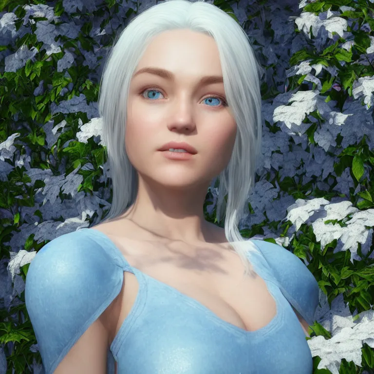 Image similar to “hyperrealistic ultra detailed unreal engine 5 RTX raytracing nvidia hairworks render of portrait of the most beutiful girl with blue eyes and white hair. She is in heavens garden”