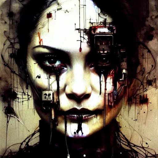 Image similar to shannyn sossamon as a beautiful cyborg, wires, skulls!! machines ( by emil melmoth zdzislaw belsinki craig mullins yoji shinkawa ) realistic render ominous detailed photo atmospheric by jeremy mann francis bacon and agnes cecile ink drips paint smears!! digital glitches glitchart!!
