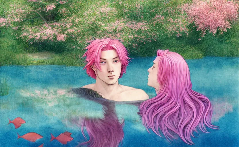 Image similar to harmony of pink haired merman backlit staring at black haired young man from across a pond, love at first sight, by alan lee, muted colors, springtime, colorful flowers & foliage in full bloom, sunlight filtering through trees & skin, digital art, art station cfg _ scale 9