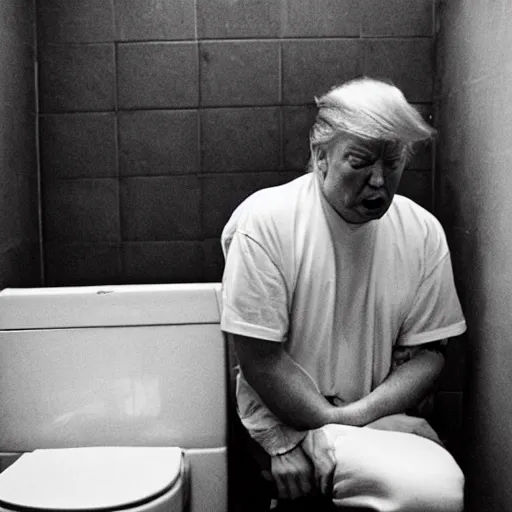 Image similar to a disheveled Donald Trump crying profusely in prison clothing sitting on a toilet in prison. wide angle. The floor is covered in garbage. candid photograph.