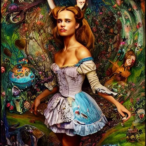 Image similar to alicia vikander in alice in wonderland tripping on lsd, intricate detail, painting, royo, frazetta, whealan,