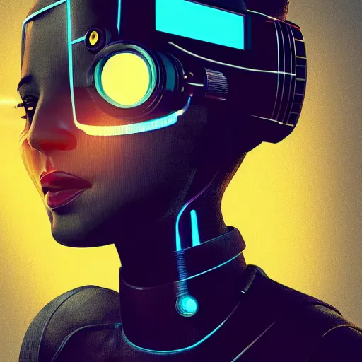 Prompt: retro vintage sci - fi, female cyborg robot wearing vr headset, 3 d illutration, profile portrait, night, detailed, cyberpunk style