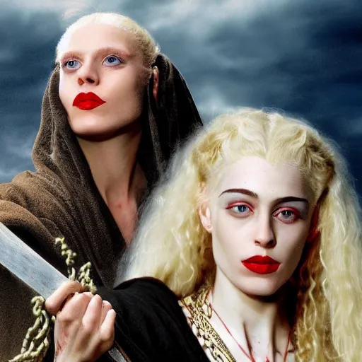 Image similar to a beautiful english woman with a long face narrow nose pale skin blue eyes red lips and wild messy tangles of curly white blonde hair, high resolution film still wearing a black robe and skull necklace and holding a spear, sandy, a journey to the west