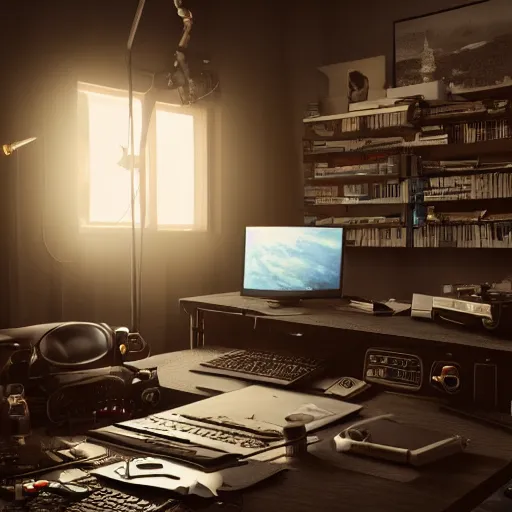 Image similar to home studio for a radio streaming, hyper realistic, octane render, cinematic, golden ratio, curved lines, dark ambient, dramatic lighting shadows, detailed illustration, 8 k, intricate details, oil painting