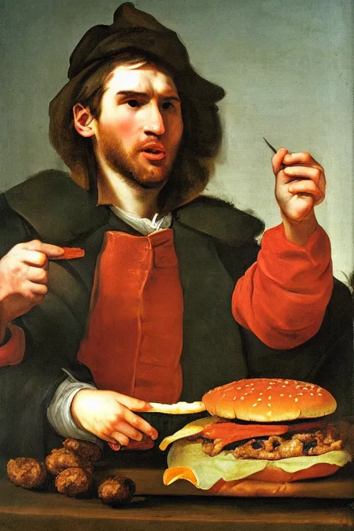 Prompt: Leonel Messi eating a hamburger by Rembrant