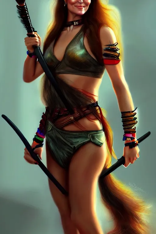 Image similar to mix of beautiful young maria shriver, mariel hemmingway, brooke shields, nicole kidman and elle macpherson as a young amazon warrior, thin lips, hair tied up in a pony tail, dark blonde hair, colorful, artstation, cgsociety